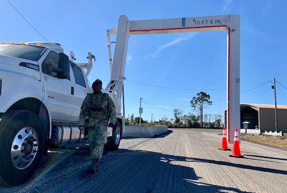 Senior Airman Qwuantez Harris, 325th Security Forces Squadron search specialist, readies Tyndall AFB’s new Mobile Vehicle Access Control Inspection System, or VACIS M6500, for incoming commercial vehicles.