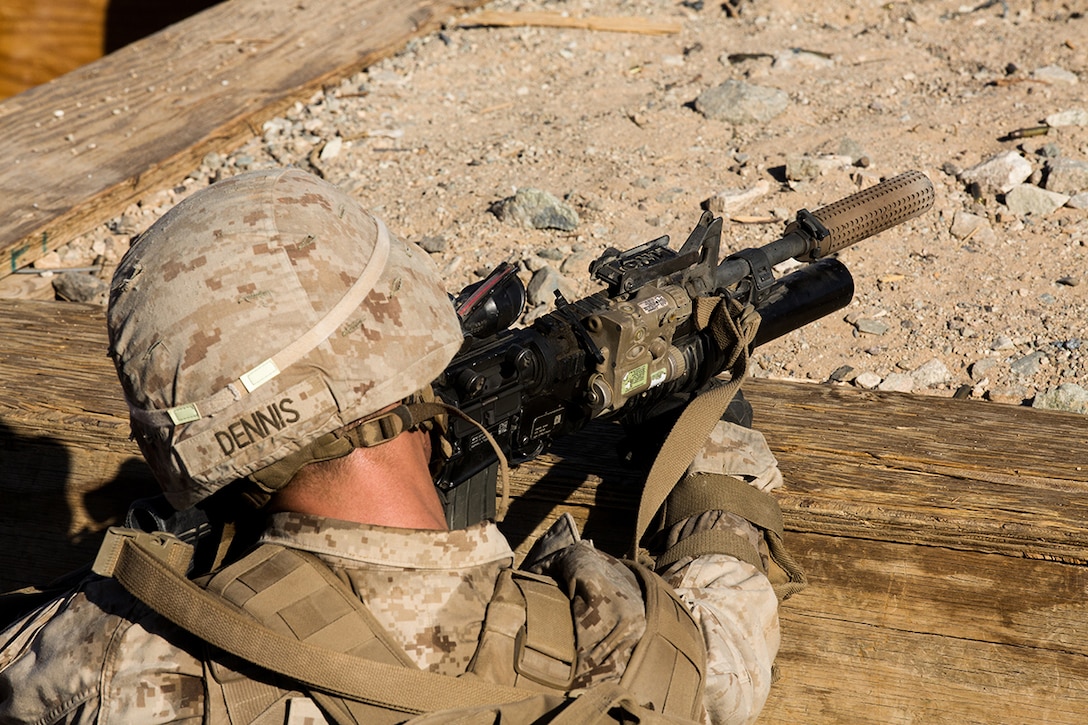 A U.S. Marine providing security on a company attack range in Twentynine Palms, Calif., Oct. 21.