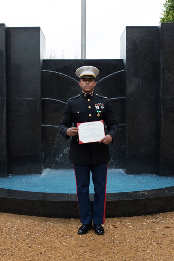 DALLAS, Texas – U.S. Marine Captain Stephen Alexander, Executive Officer, Recruiting Station Dallas, 8th Marine Corps District, Western Recruiting Region, Marine Corps Recruiting Command was awarded, December 11th, 2020, for his actions in assisting a civilian while driving to the 244th Marine Corps Ball in Elora, Calif in 2019. (U.S. Marine Corps Photo by Cpl. Heather Atherton)