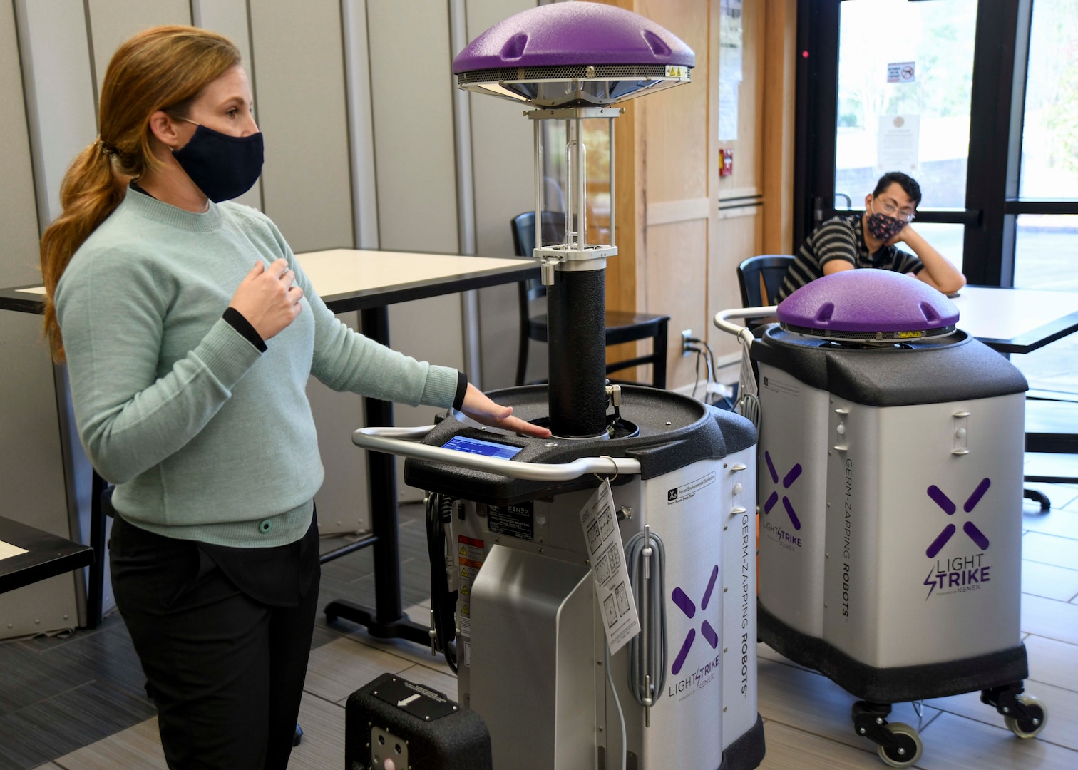 A Xenex representative demonstrates the capabilities of new germ-zapping robots that will help in the fight against COVID-19 at NMCCL.