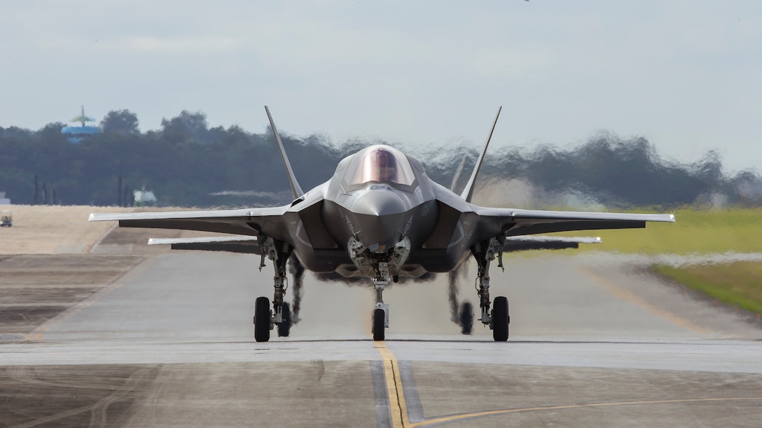 A U.S. Marine Corps F-35B Lightning II jet awaits refueling at Marine Corps Air Station Futenma, Okinawa, Japan, Dec. 17.