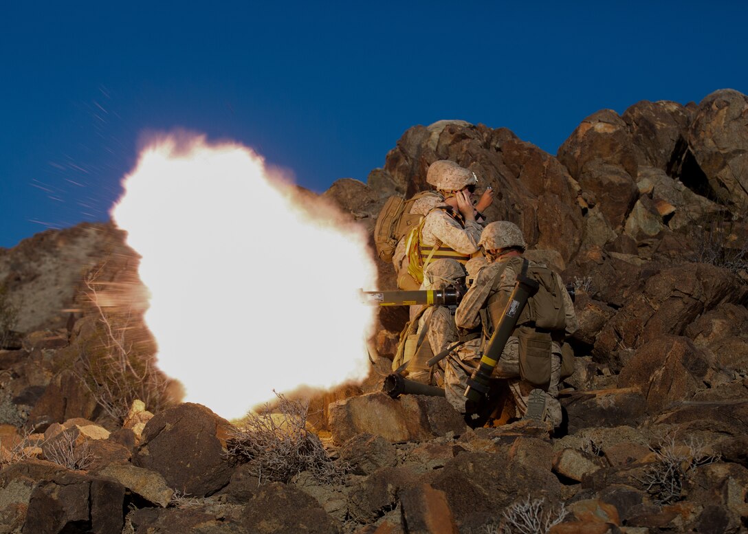 U.S. Marines fire a Mark 153 shoulder-launched multi-purpose assault weapon during a company attack range in Twentynine Palms, Calif., Oct. 21.