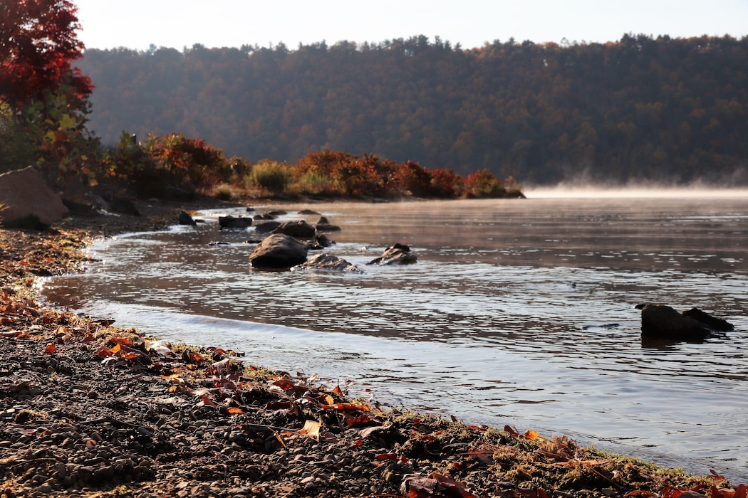 Photo shows lake fog and fall foliage at Beltzville Lake