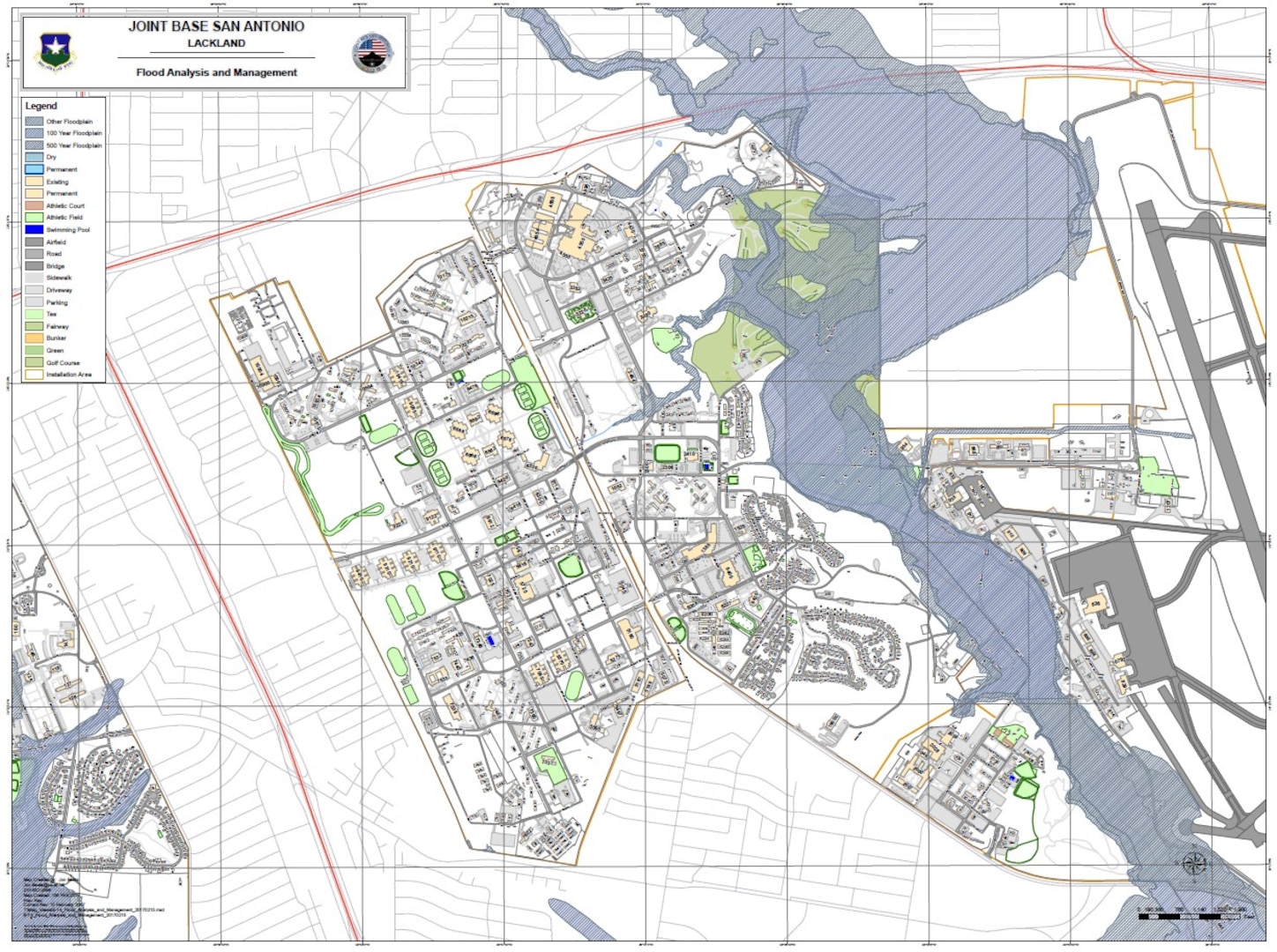 Joint Base San Antonio-Lackland flood map. Areas of concern include roads near the flight line, which are most prone to flooding.