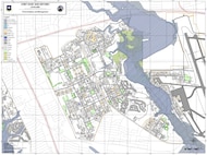 Joint Base San Antonio-Lackland flood map. Areas of concern include roads near the flight line, which are most prone to flooding.