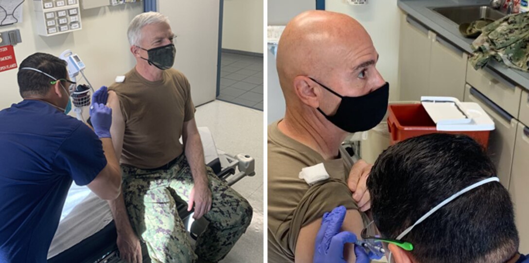 U.S. Navy Adm. Craig Faller, commander of U.S. Southern Command, and U.S. Army Command Sergeant Major Benjamin Jones, SOUTHCOM's senior enlisted leader, receive the COVID-19 vaccine at SOUTHCOM headquarters.