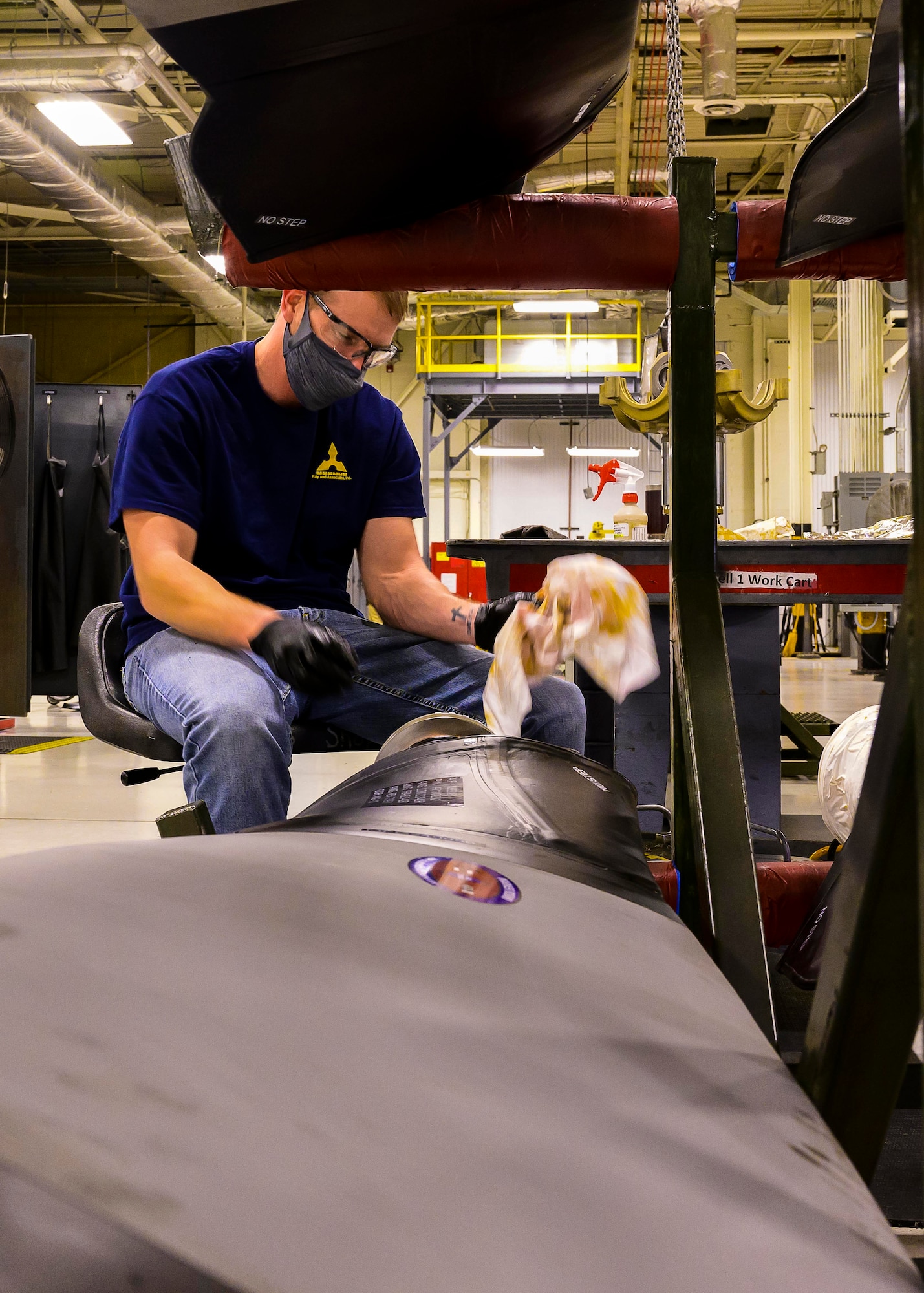 Tom Spuhler, a Contract Field Team member, inspects and cleans a propeller blade prior to assembly on, Dec. 29, 2020, at Little Rock Air Force Base, Ark. The facility produces all C-130H Hercules T-56 3.5 modified engine and 54H60-117 propeller overhauls for Air Force Reserve Command and various Air National Guard units. Since 2015, 395 C-130H four bladed props received intensive maintenance. (U.S. Air Force Reserve photo by Maj. Ashley Walker)