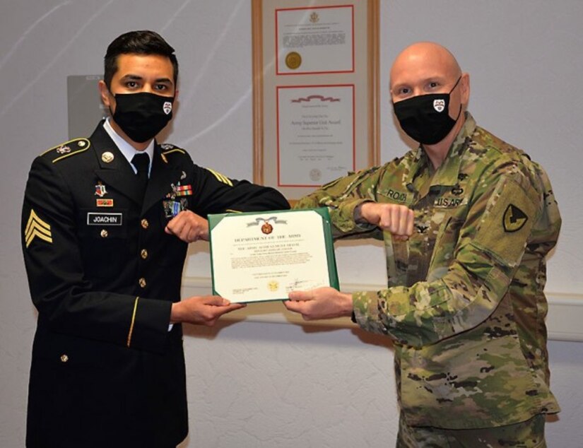 Sgt. Jose Luis Joachin, left, is pictured with Col. Shane Roach, commander of the U.S. Army Medical Materiel Center-Europe, after being recognized as USAMMC-E’s NCO of the Quarter.