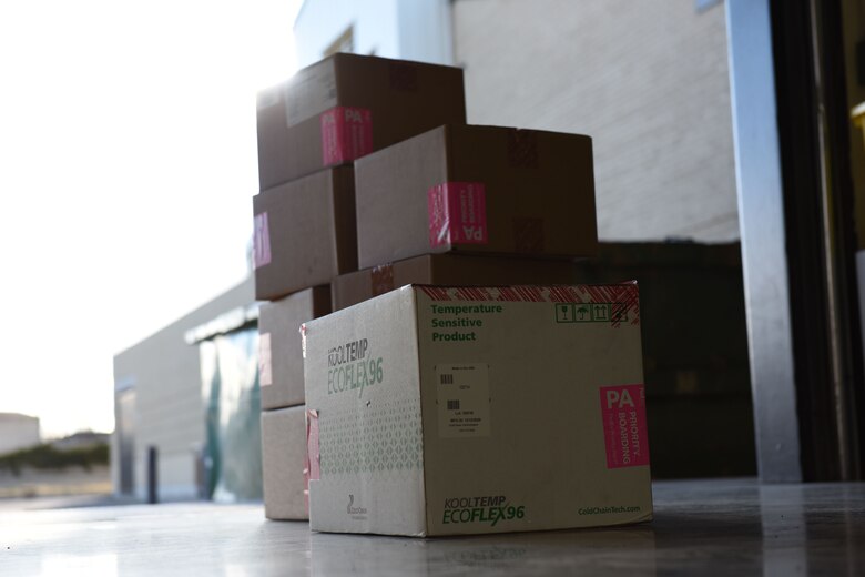 A shipment of Maderna COVID-19 vaccines are delivered to the base clinic Dec. 30, 2020, at Malmstrom Air Force Base, Mont.