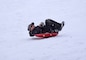 Boy sledding down a hill in a saucer