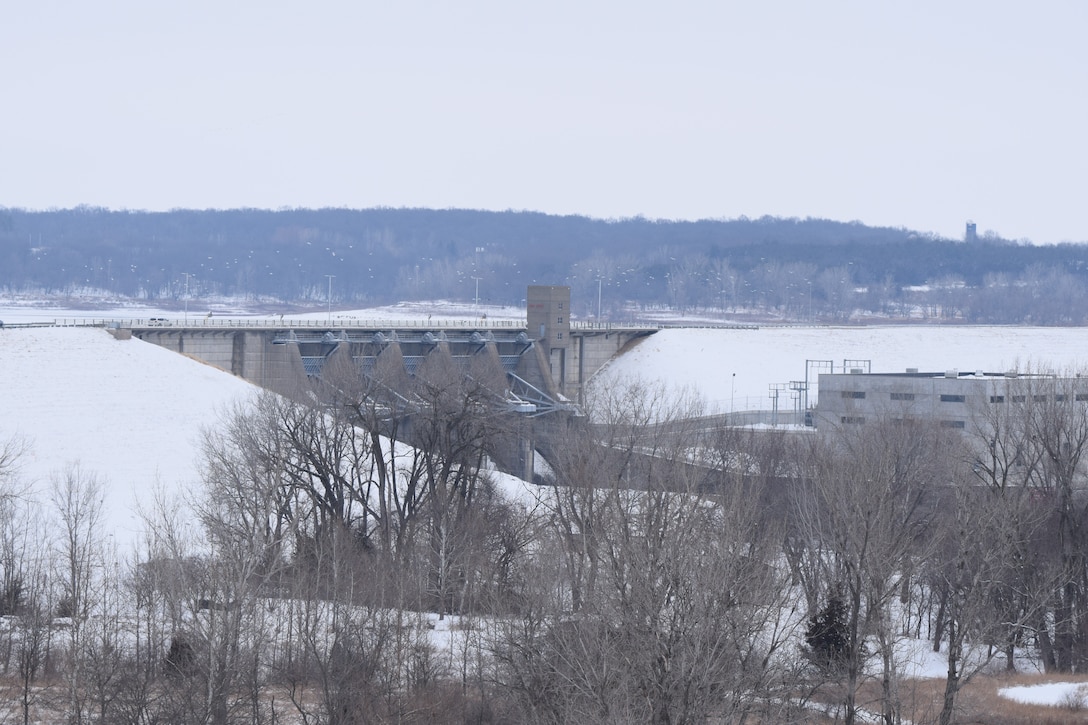 The Red Rock Dam sporting a snowy coat in winter