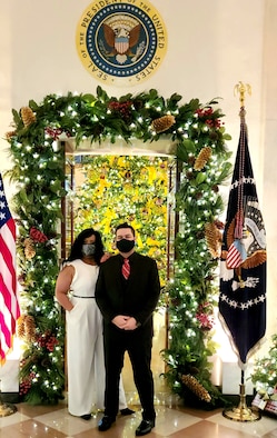 Nicole Barber-White and her husband, Master Sgt. James White, 8th Intelligence Squadron flight chief, conclude their time decorating the White House for the holidays in Washington, D.C., Nov. 28, 2020. Barber-White started decorating the homes of the president and vice president in 2012, and her husband began in 2017. (Courtesy Photo)