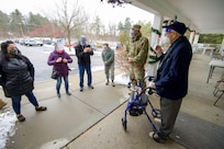 World War II veteran Lenny Roberge, Vermont’s oldest living veteran, says a few words of thanks to the Airmen of the Vermont Air National Guard at a small ceremony outside his nursing home in South Burlington, Vt., Dec. 22, 2020. In order to honor Roberge, Airmen from the 158th Fighter Wing had a flag flown in an F-35 during a combat training sortie over the mountains of Vermont and New York. (U.S. Air National Guard photo by Senior Master Sgt. Michael Davis)