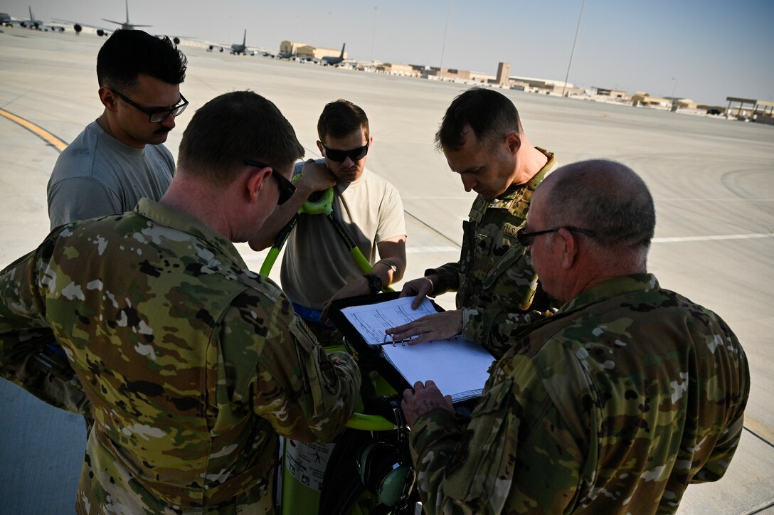 U.S. Air Force KC-135 Stratotanker aircrew members with the 28th Expeditionary Air Refueling Squadron conduct a pre-flight mission brief at Al Udeid Air Base, Qatar, Jan. 17, 2020.