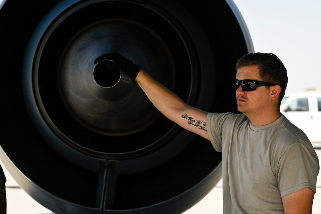 U.S. Air Force Staff Sgt. Taylor Bean, a U.S. Air Force KC-135 Stratotanker crew chief with the 385th Expeditionary Aircraft Maintenance Squadron, deployed to Al Udeid Air Base, Qatar, conducts a preflight walk-around inspection, Jan. 17, 2020.