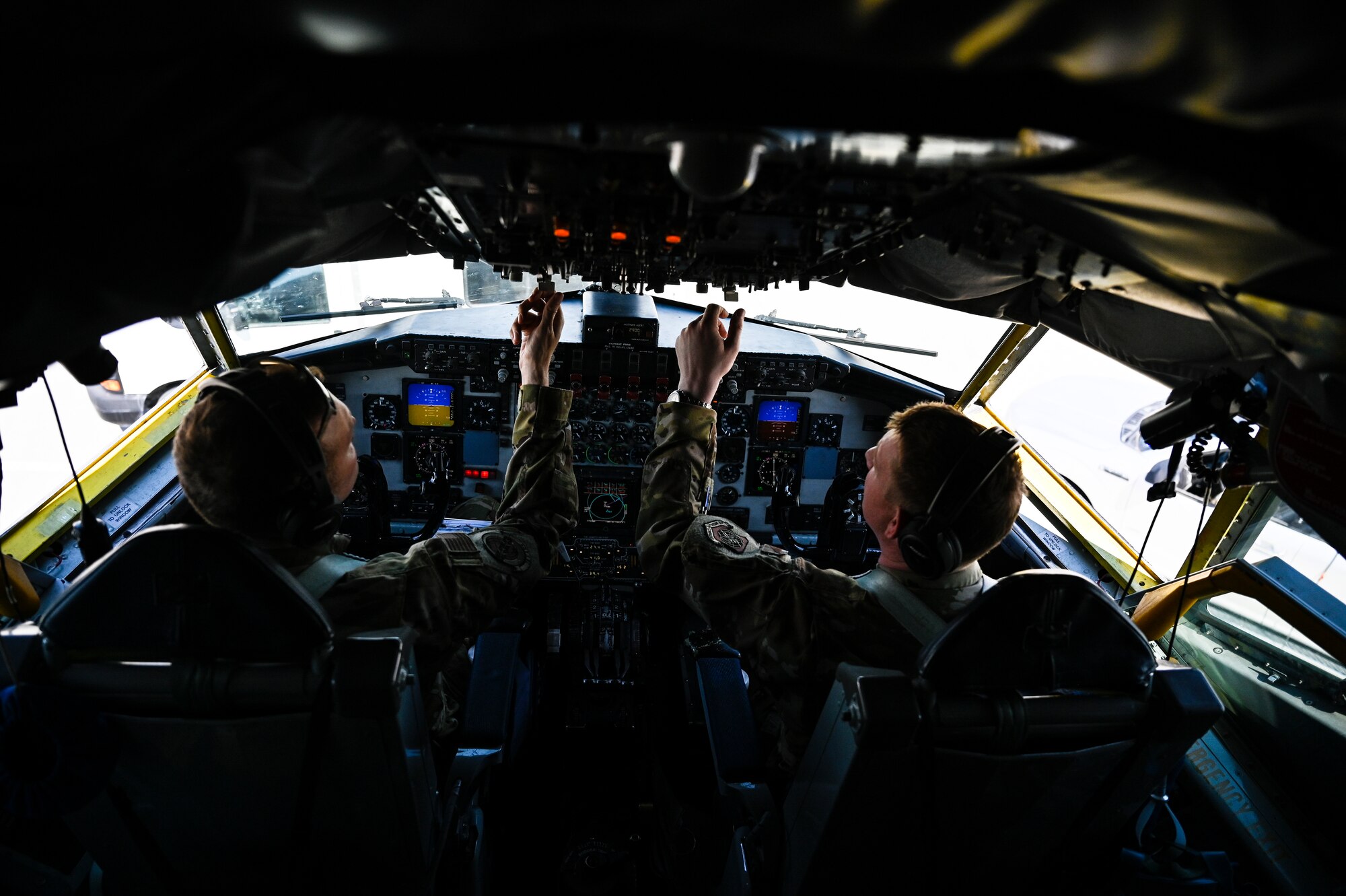 U.S. Air Force KC-135 Stratotanker pilots with the 28th Expeditionary Air Refueling Squadron, conduct pre-flight mission checklists at Al Udeid Air Base, Qatar, Jan. 17, 2020.