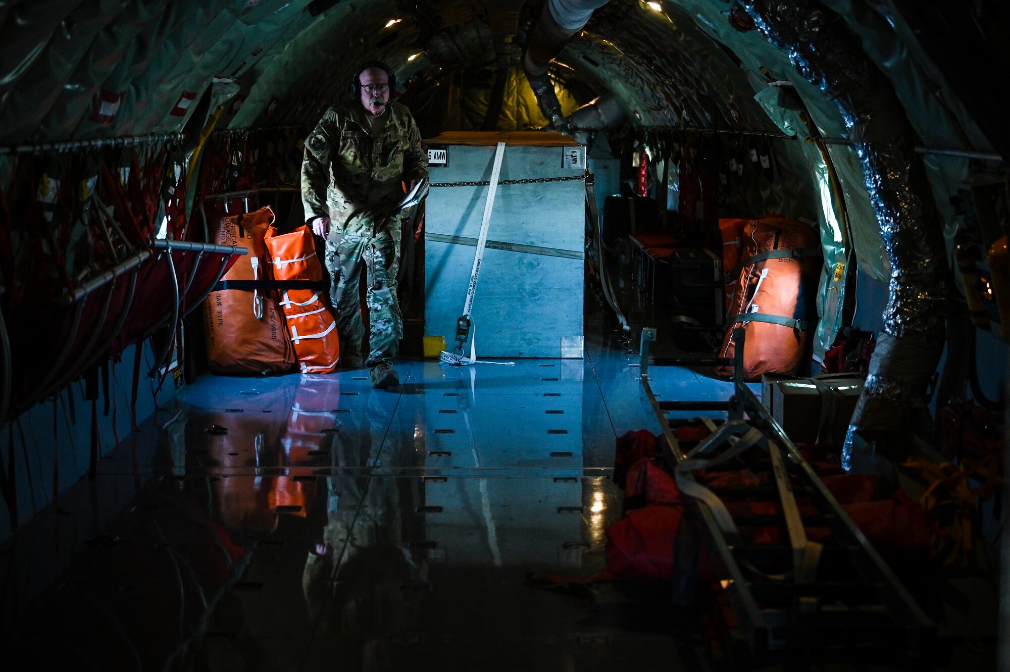 A U.S. Air Force KC-135 Stratotanker in-flight refueling specialist with the 28th Expeditionary Air Refueling Squadron, at Al Udeid Air Base, Qatar, conducts pre-flight mission checklists, Jan. 17, 2020.