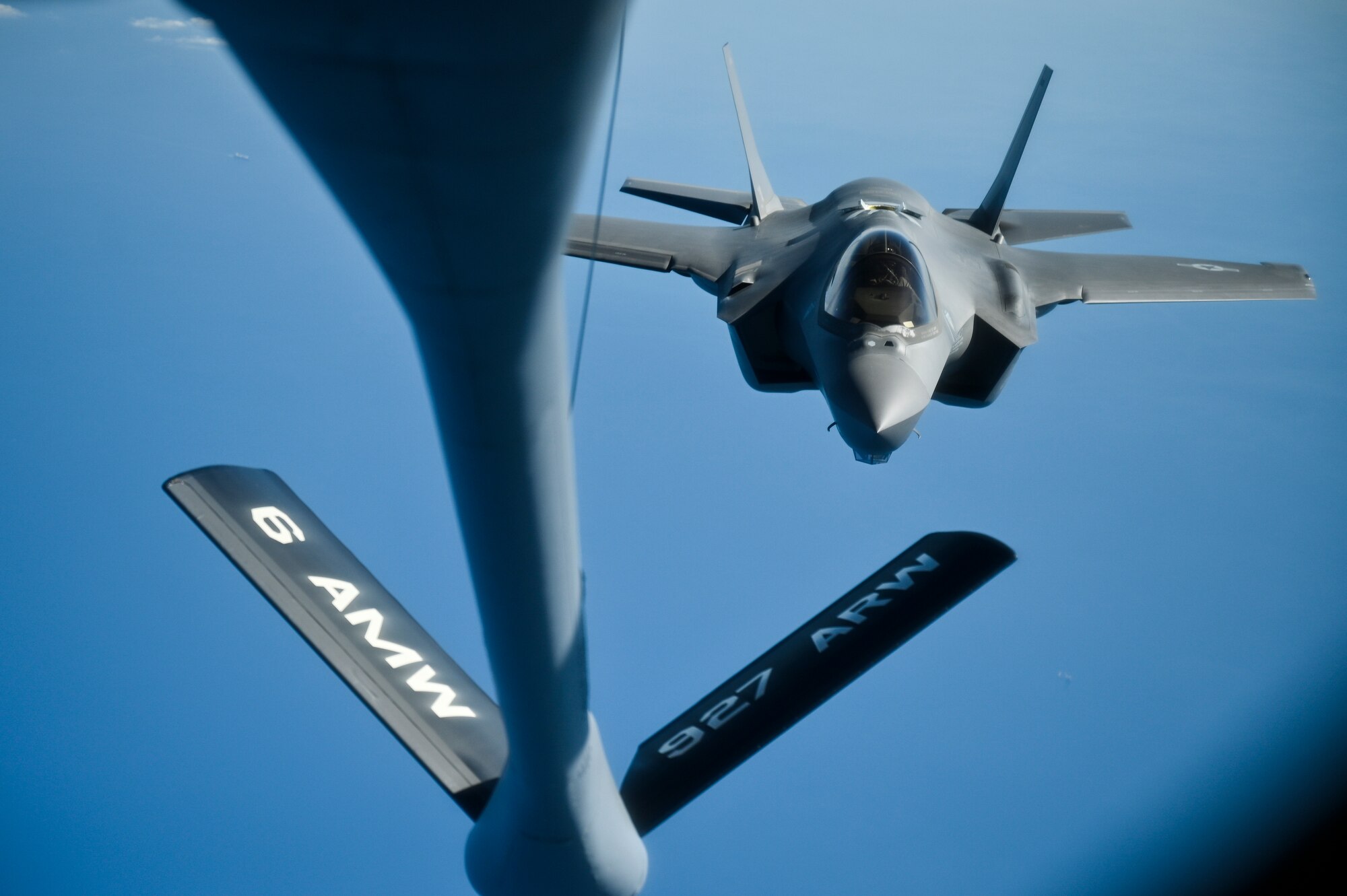 A U.S. Air Force F-35A Lighting II approaches a U.S. Air Force KC-135 Stratotanker assigned to the 28th Expeditionary Air Refueling Squadron, deployed to Al Udeid Air Base, Qatar, to receive fuel over U.S. Central Command’s area of responsibility, Jan. 17, 2020.
