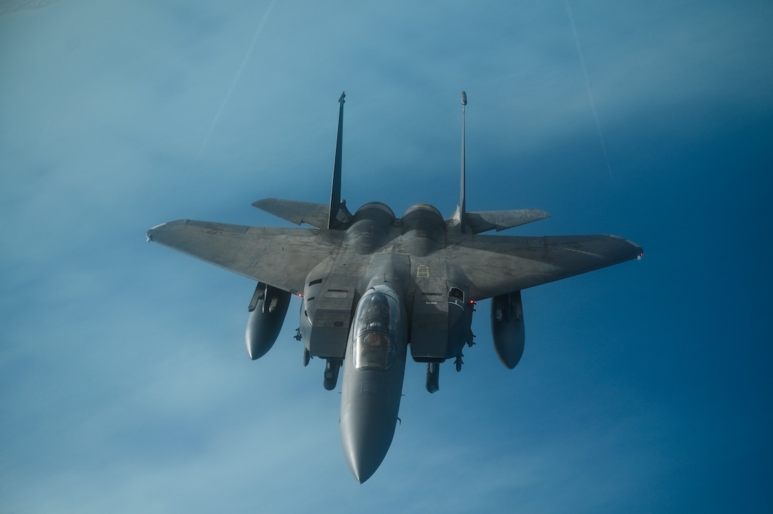 A U.S. Air Force F-15E Strike Eagle flies over the Arabian Gulf, Jan. 17, 2020.
