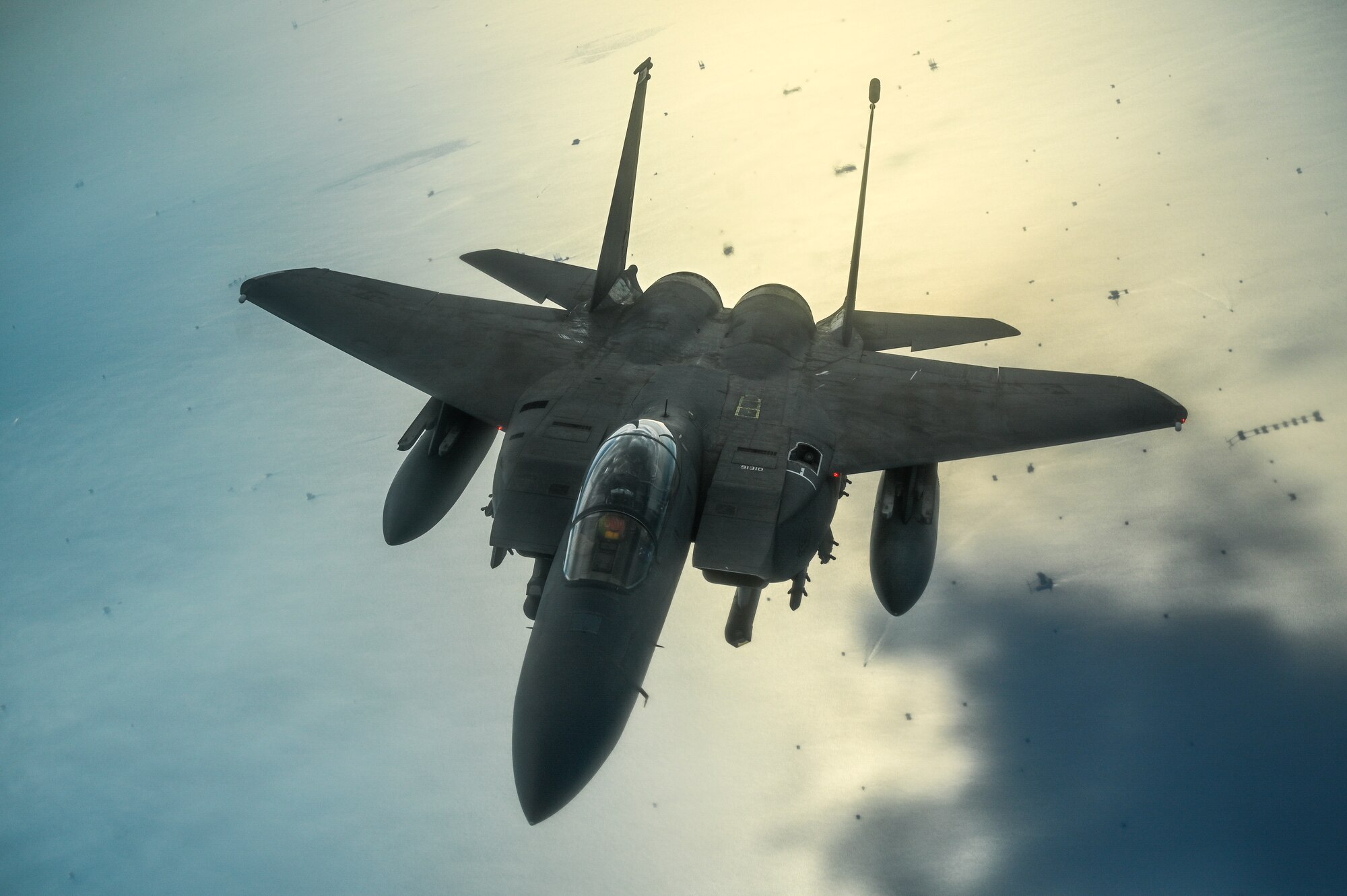 A U.S. Air Force F-15E Strike Eagle flies over the Arabian Gulf, Jan. 17, 2020.