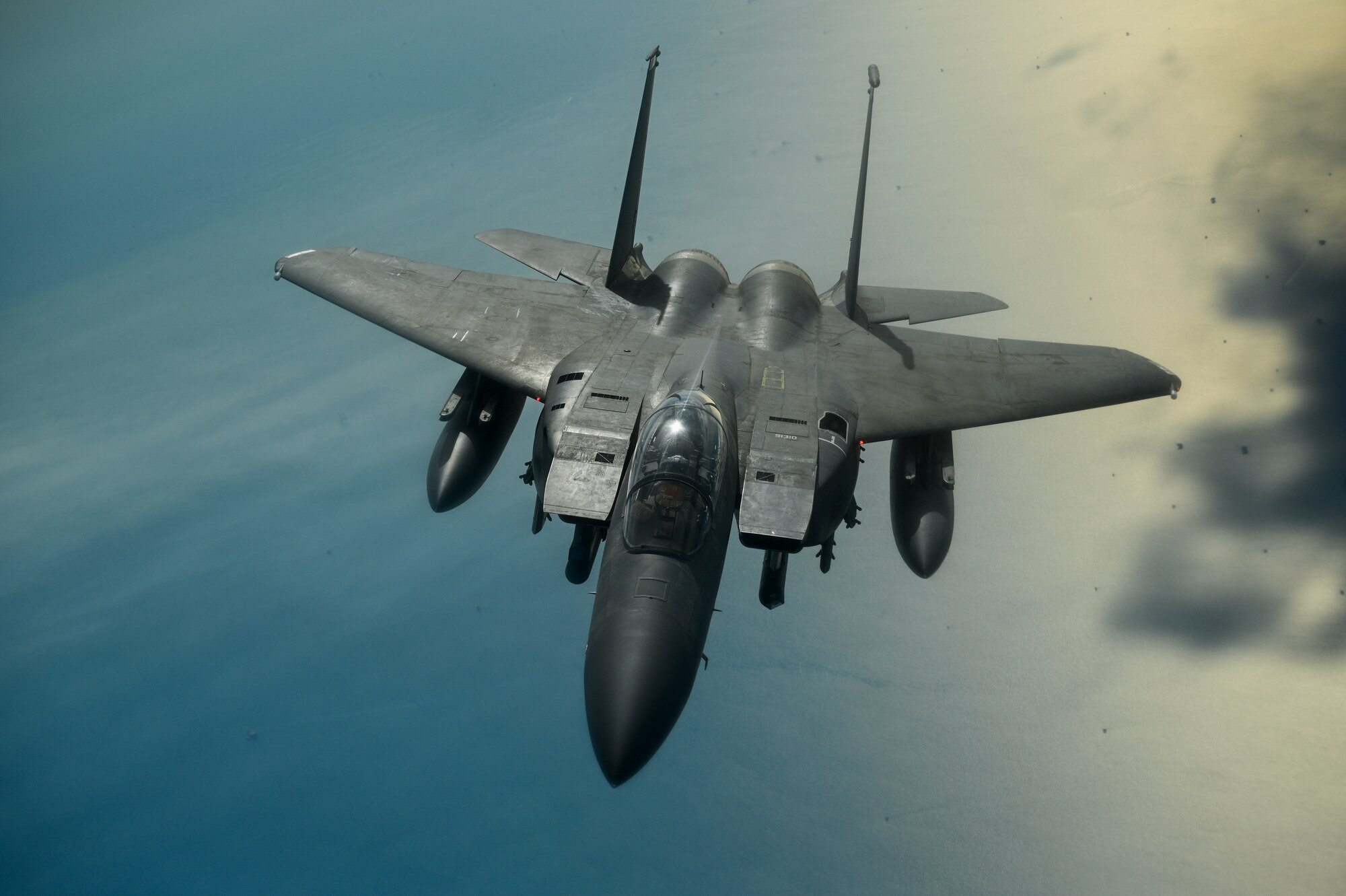 A U.S. Air Force F-15E Strike Eagle flies over the Arabian Gulf, Jan. 17, 2020.