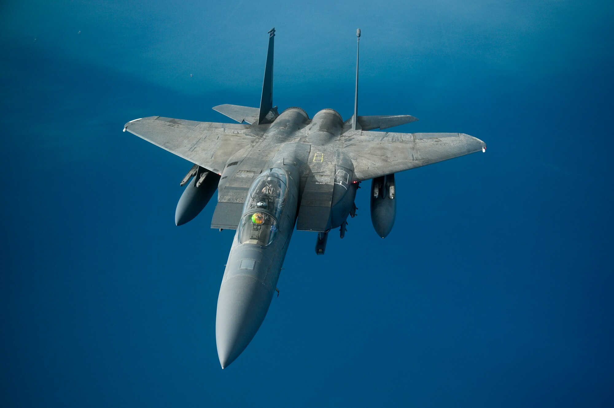 A U.S. Air Force F-15E Strike Eagle flies over the Arabian Gulf, Jan. 17, 2020.