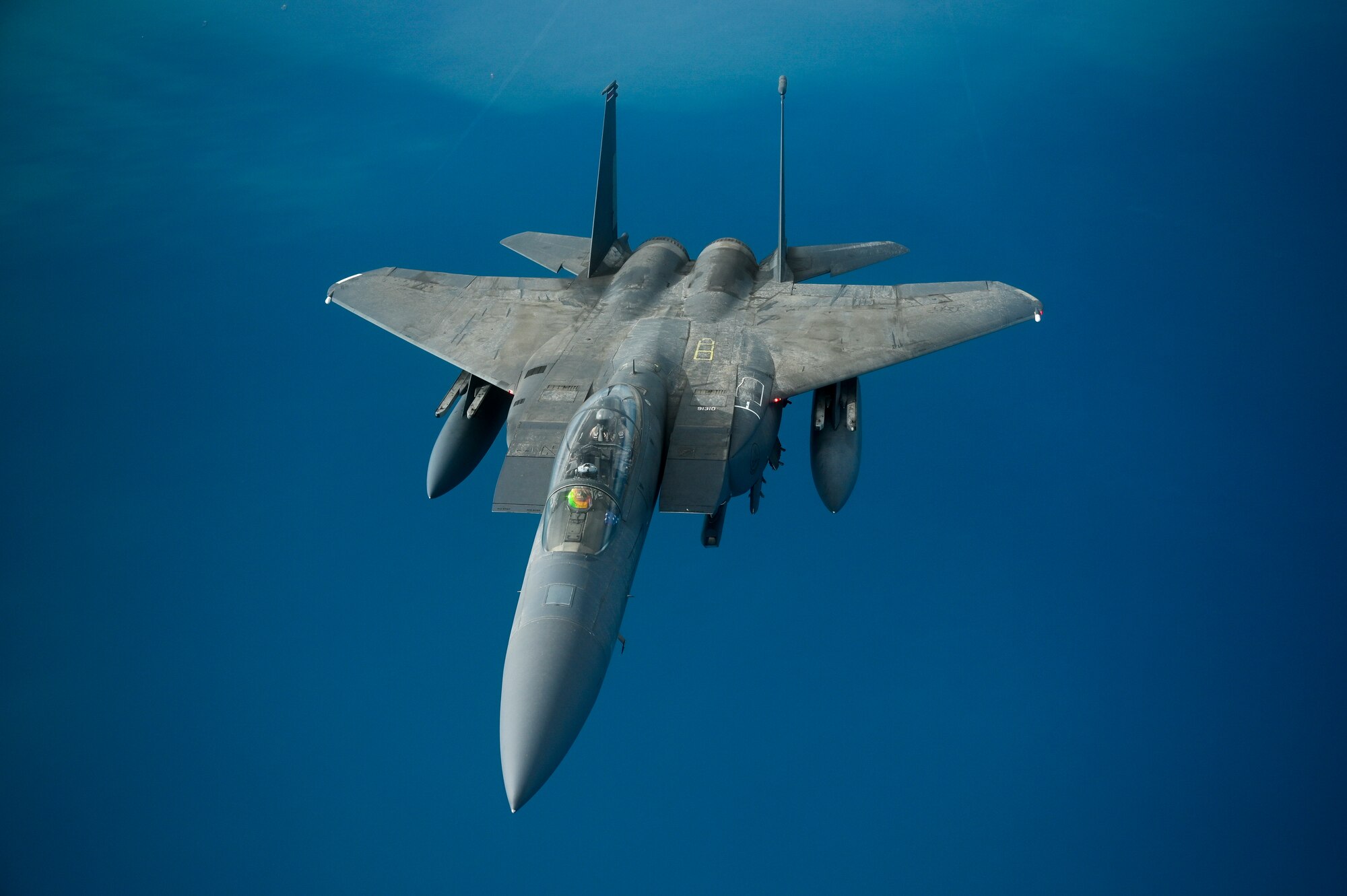 A U.S. Air Force F-15E Strike Eagle flies over the Arabian Gulf, Jan. 17, 2020.