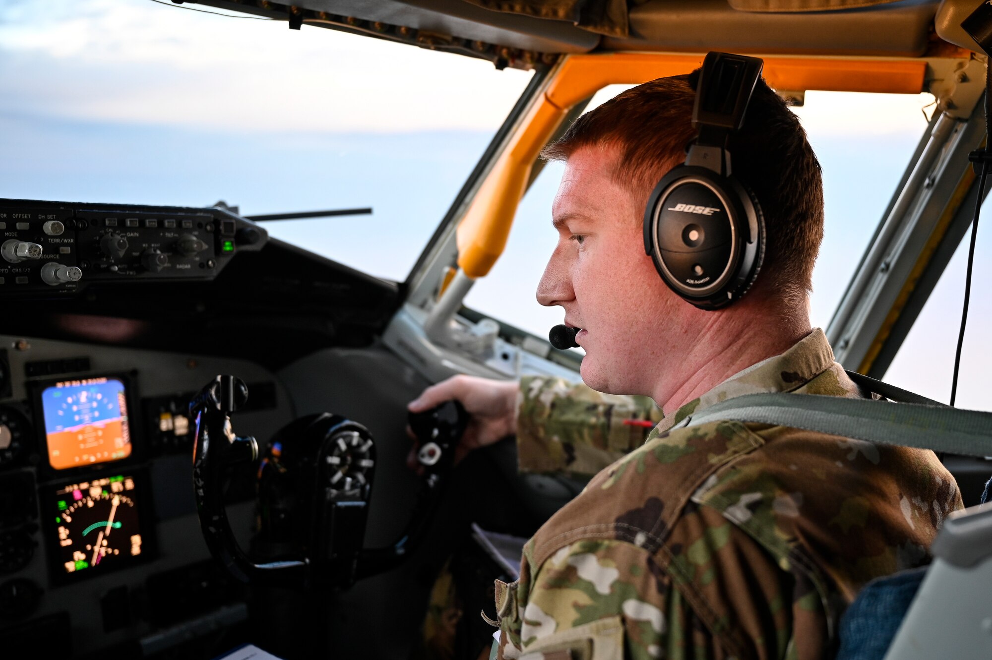 A U.S. Air Force KC-135 Stratotanker pilot with the 28th Expeditionary Air Refueling Squadron, deployed to Al Udeid Air Base, Qatar, conducts an air refueling mission over U.S. Central Command’s area of responsibility, Jan. 17, 2020.