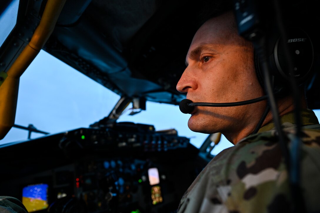 A U.S. Air Force KC-135 Stratotanker pilot with the 28th Expeditionary Air Refueling Squadron, deployed to Al Udeid Air Base, Qatar, conducts an air refueling mission over the Arabian Gulf, Jan. 17, 2020.