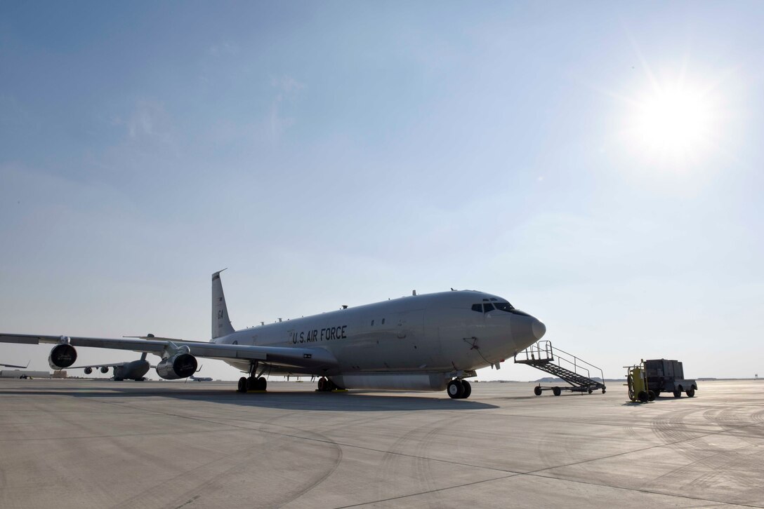 An E-8C Joint Surveillance Target Attack Radar System aircraft sits on the flightline at Al Udeid Air Base, Qatar on Jan. 16, 2020. The JSTARS provides commanders with vital intelligence, surveillance and reconnaissance capabilities to help maintain security and stability in the region they are operating. (U.S. Air Force photo by Tech. Sgt. John Wilkes)