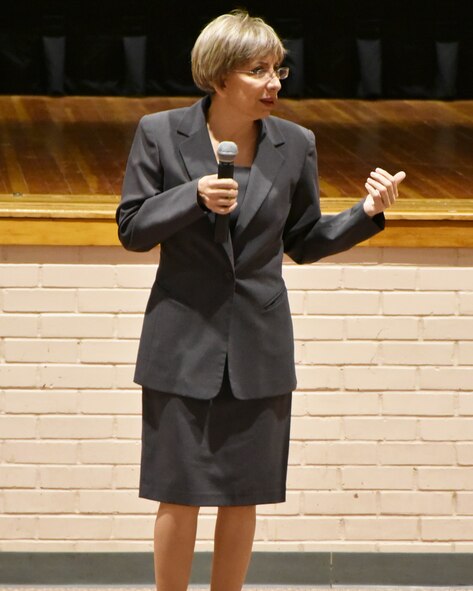 Retired Chief Master Sgt. Ericka Kelly, speaks to Airman of the 931st Air Refueling Wing during an enlisted all-call Feb. 1, 2020, at McConnell Air Force Base, Kan.  Kelly, the former Air Force Reserve’s Senior Enlisted Advisor and AFRC’s Command chief master sergeant, retired in April 2019.  During her tenure, Kelly also campaigned to fix the issues that impacted the Reserve balance and made recommendations to defer or realign tasks not directly contributing to the overall readiness of the force.