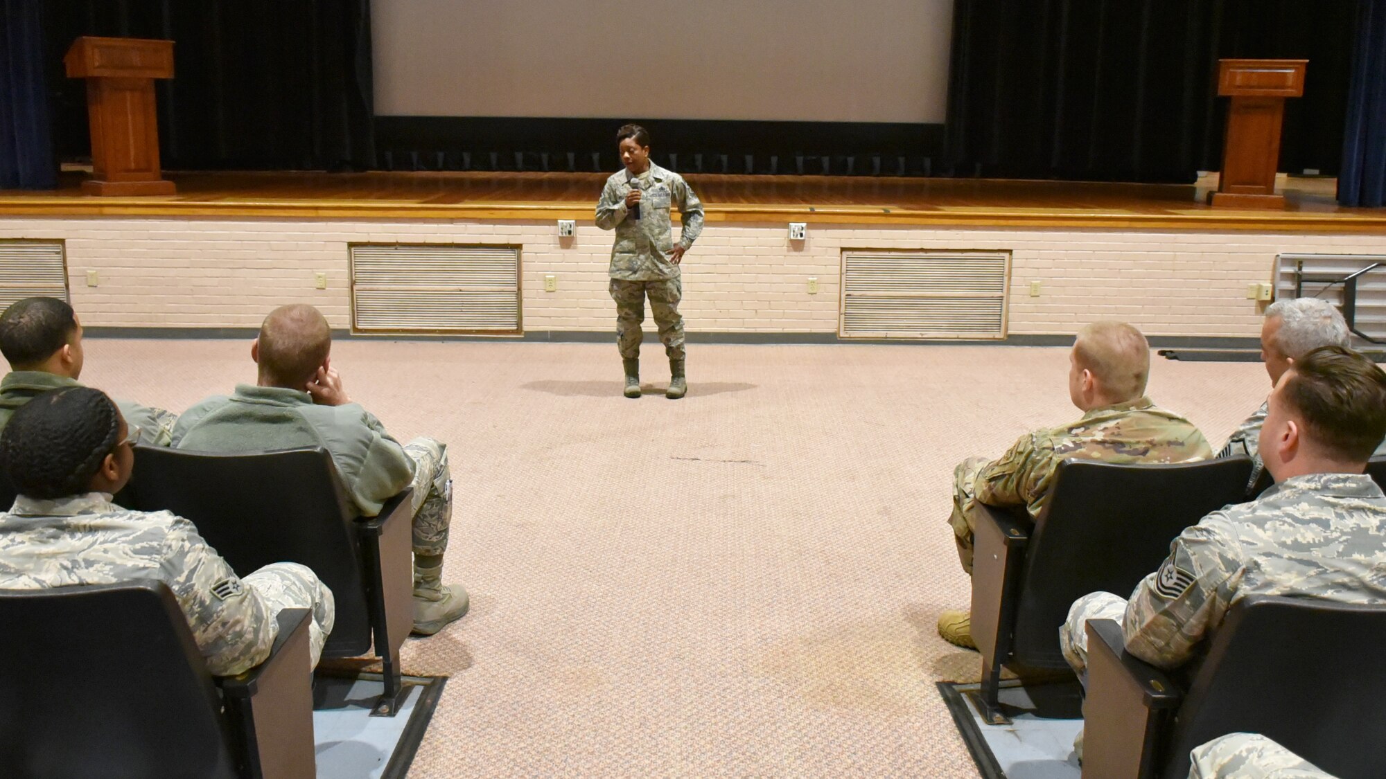 Chief Master Sgt. Takesha Williams, 931st Air Refueling Wing command chief, speaks to Airmen of the 931st Air Refueling during an enlisted all-call Feb. 1, 2020, at McConnell Air Force Base, Kan.  As the 931 ARW command chief, Williams is the principle advisor on matters concerning the health, morale and welfare of approximately 740 dedicated Reserve enlisted, officer and civilian members serving at McConnell.