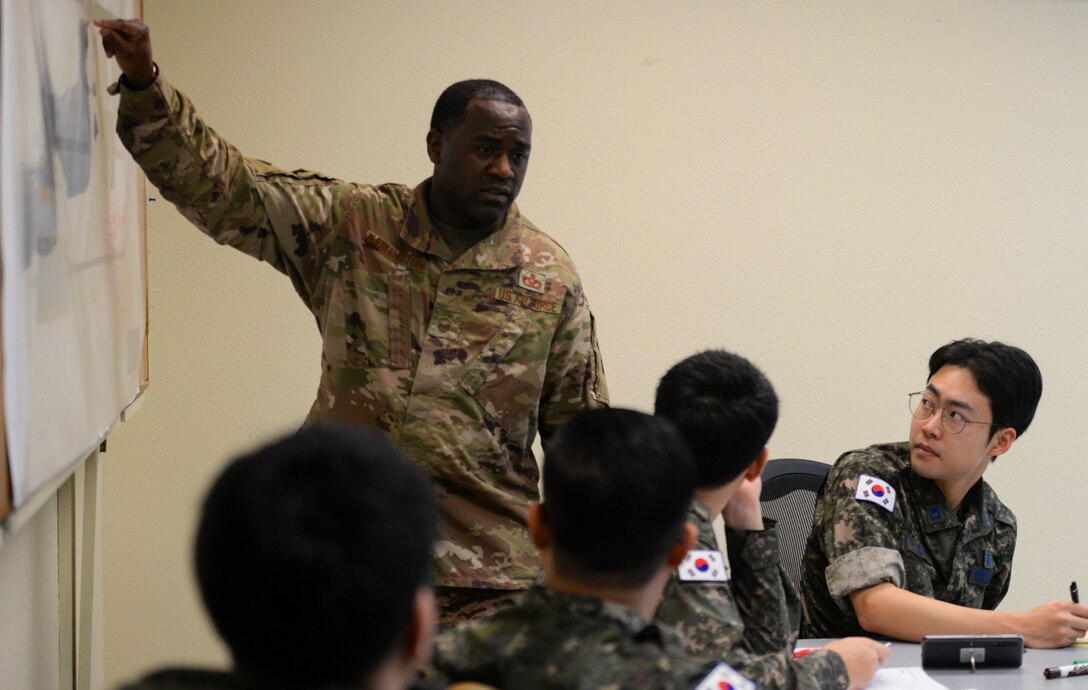 U.S. Air Force Master Sgt. Larry Washington, 554th Red Horse Squadron engineering specialist, teaches a class of foreign military partners during exercise Silver Flag Jan. 28, 2020 at Andersen Air Force Base, Guam.