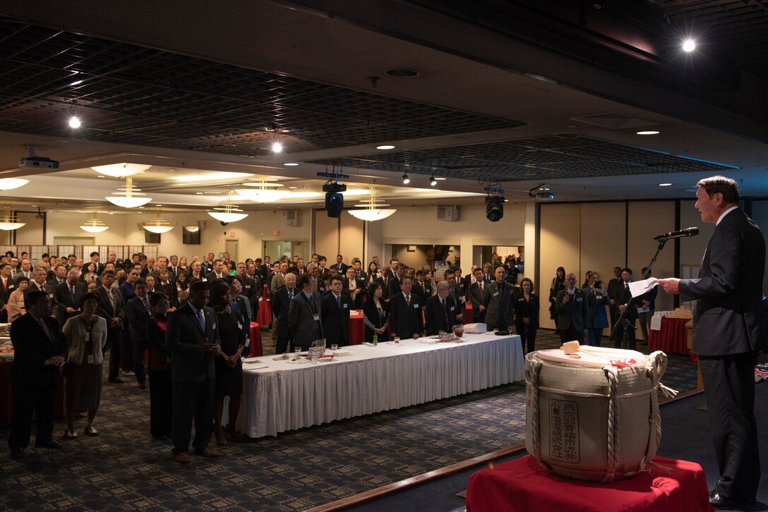 Keiichi Hamanaka, mayor of Ome City, gives remarks representing all the guests during the U.S.-Japan Joint New Year’s Party, Jan. 25, 2020, at Yokota Air Base, Japan.