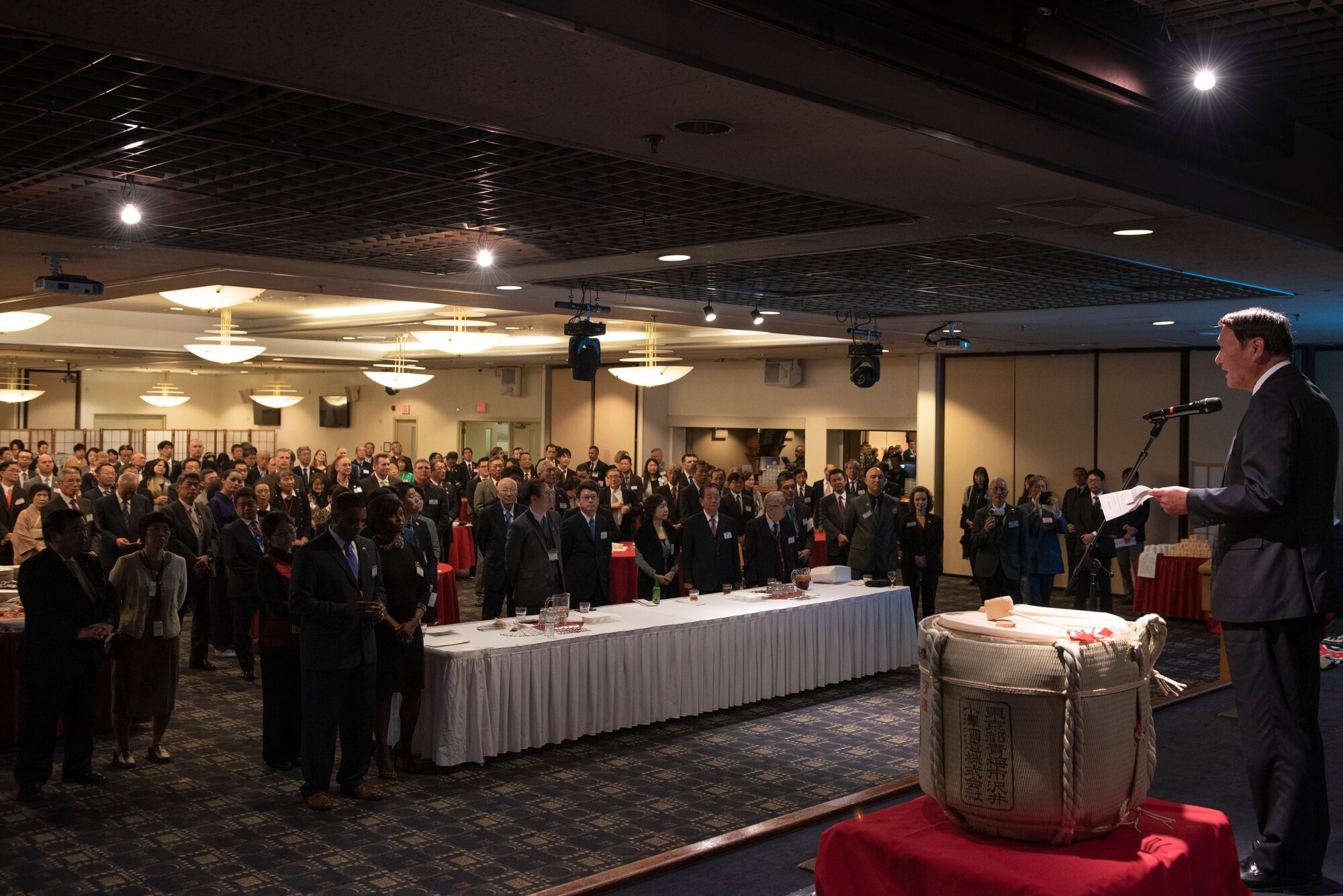 Keiichi Hamanaka, mayor of Ome City, gives remarks representing all the guests during the U.S.-Japan Joint New Year’s Party, Jan. 25, 2020, at Yokota Air Base, Japan.