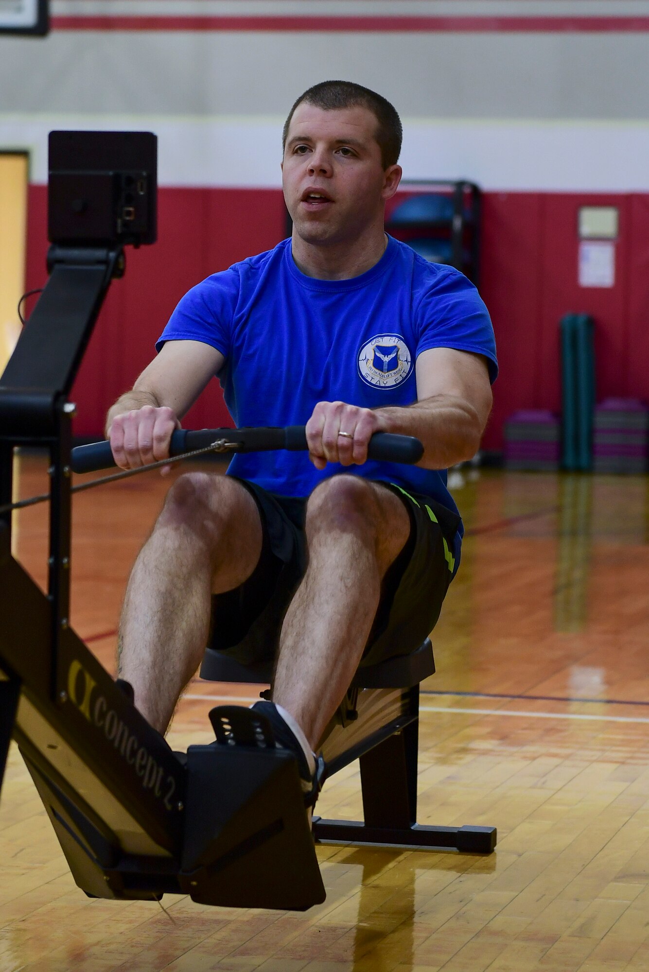 Jeff Stearns, exercise physiologist with the 911th Force Support Squadron, demonstrates how to use a rowing machine as a part of a Full Body Weight Training class at the Pittsburgh International Airport Air Reserve Station, Pennsylvania, Jan. 29, 2020.