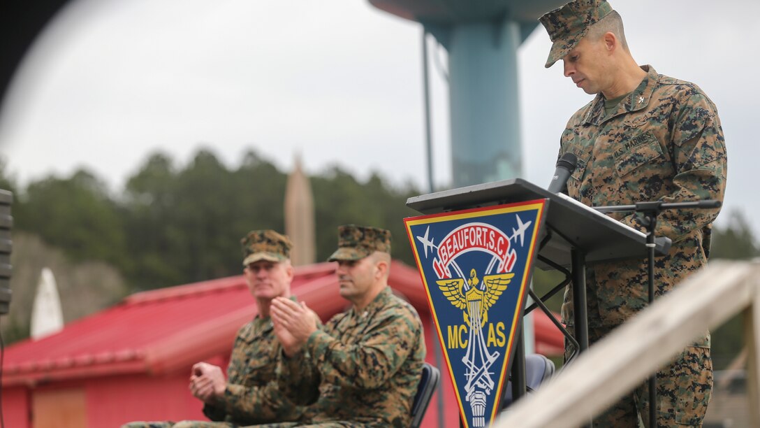 Col. Timothy P. Miller, commanding officer, Marine Corps Air Station Beaufort, speaks at a ribbon cutting ceremony at Townsend Bombing Range, the east coast’s premier air-to-ground bombing range, to commemorate its expansion and modernization, at MCAS Beaufort, S.C.,  Jan 29, 2020. The range has expanded from 5,183 acres to 33,834 acres which now allows pilots and air crews to train with precision guided munitions. TBR will continue to allow our pilots to train to deploy without deploying to train. (U.S. Marine Corps photos by Lance Cpl. Aidan Parker)