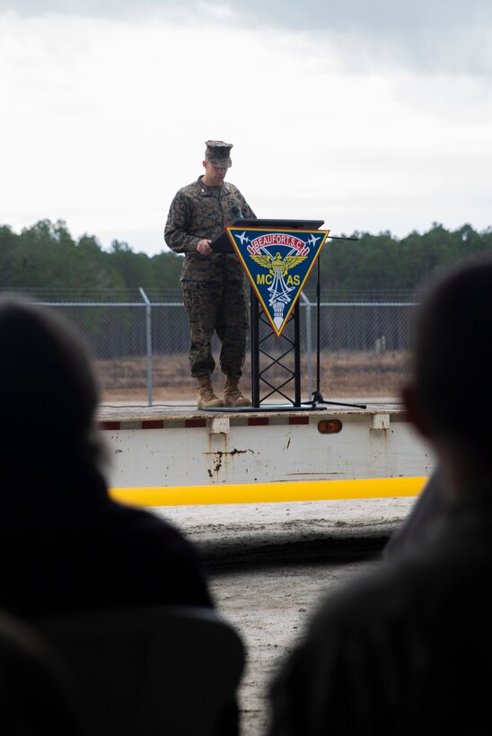 Col. Timothy P. Miller, commanding officer, Marine Corps Air Station Beaufort, gives a speech at the Townsend Bombing Range Ribbon Cutting Ceremony at MCAS Beaufort, S.C., Jan. 29, 2020. TBR is the east coast’s premier air-to-ground bombing range, and the ceremony commemorated its expansion and modernization. The range has expanded from 5,183 acres to 33,834 acres which now allows pilots and air crews to train with precision guided munitions. TBR will continue to allow our pilots to train to deploy without deploying to train. (U.S. Marine Corps photos by Lance Cpl. Nicholas Buss)