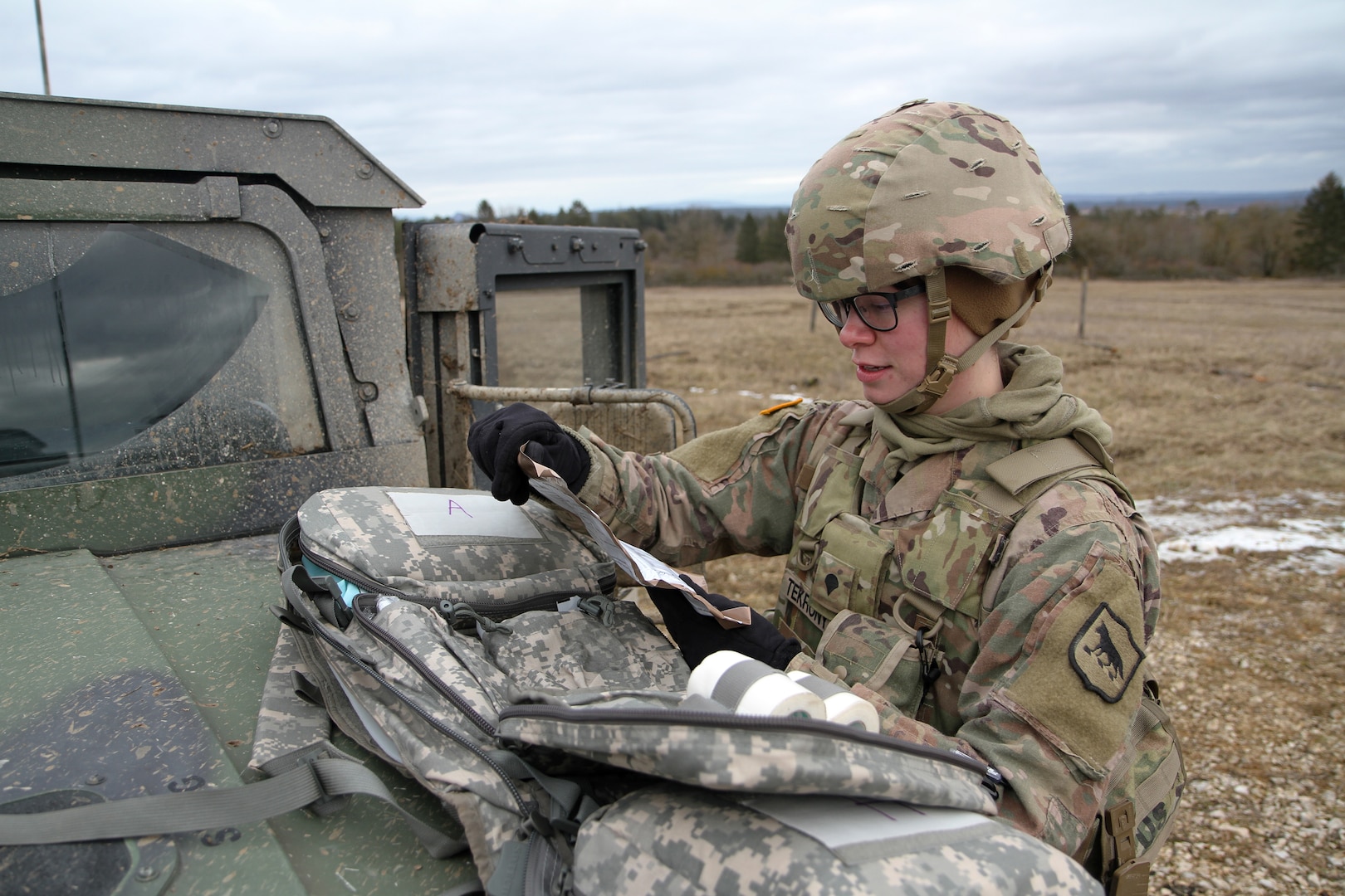 Spc. Leannah TeKrony, combat medic specialist, 1-147th Field Artillery Battalion, performs preventive maintenance checks and services on her medical bag during Operation Atlantic Resolve in Grafenwohr, Germany, Jan. 30, 2020. It is important to develop interoperability with allies and partners to maintain trust and reaffirm the U.S.’s commitment to NATO.