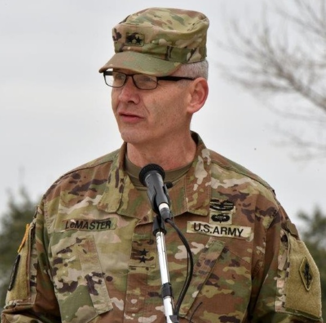 Maj. Gen. Dennis P. LeMaster, U.S. Army Medical Center of Excellence commander, addresses the audience at the MacArthur Parade Field at Joint Base San Antonio-Fort Sam Houston Jan. 31.