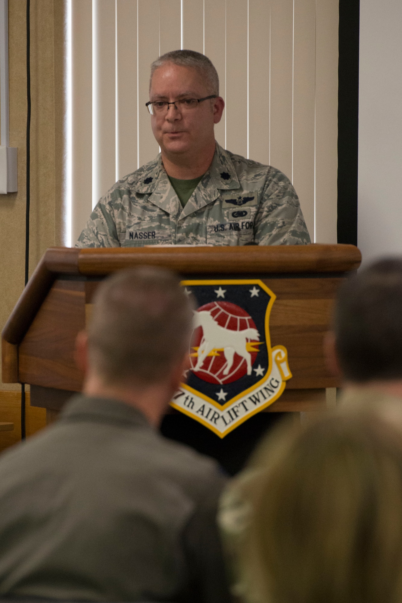 Lt. Col. Charles Nasser addresses the audience at his assumption of command ceremony, Feb. 1, 2020. Nasser steps into the 167th Mission Support Group commander role after serving as the deputy group commander.