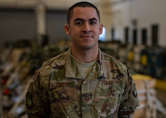 Tech. Sgt. Taylor Landry, 41st Aerial Port Squadron special handler, poses for a photo in the 41st APS building at Keesler Air Force Base, Miss., Jan. 12, 2019. Landry deployed to Qatar in 2018 where his taskings intermittently involved the transporting of human remains. (U.S. Air Force photo by Senior Airman Kristen Pittman)