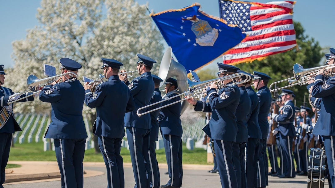 The United States Air Force Band Ceremonial Brass and United States Air Force Honor Guard perform a full honors funeral at Arlington National Cemetery.  (U.S. Air Force Photo by Senior Master Sgt Kevin Burns/released)