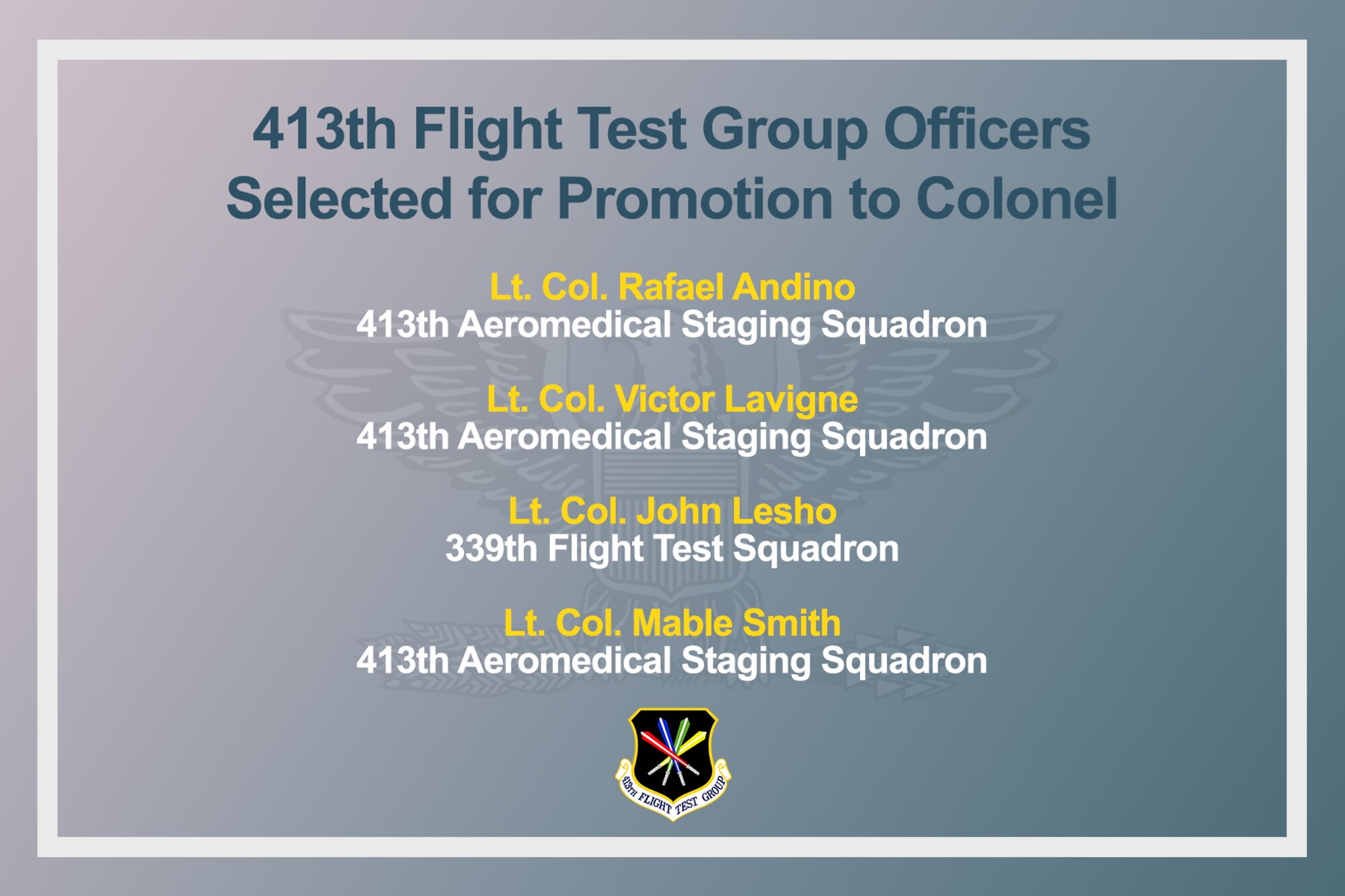 Four members of the 413th Flight Test Group were selected for promotion during the Calendar Year 2019 Air Force Reserve Line and Non Line Colonel Promotion Selection Boards.
