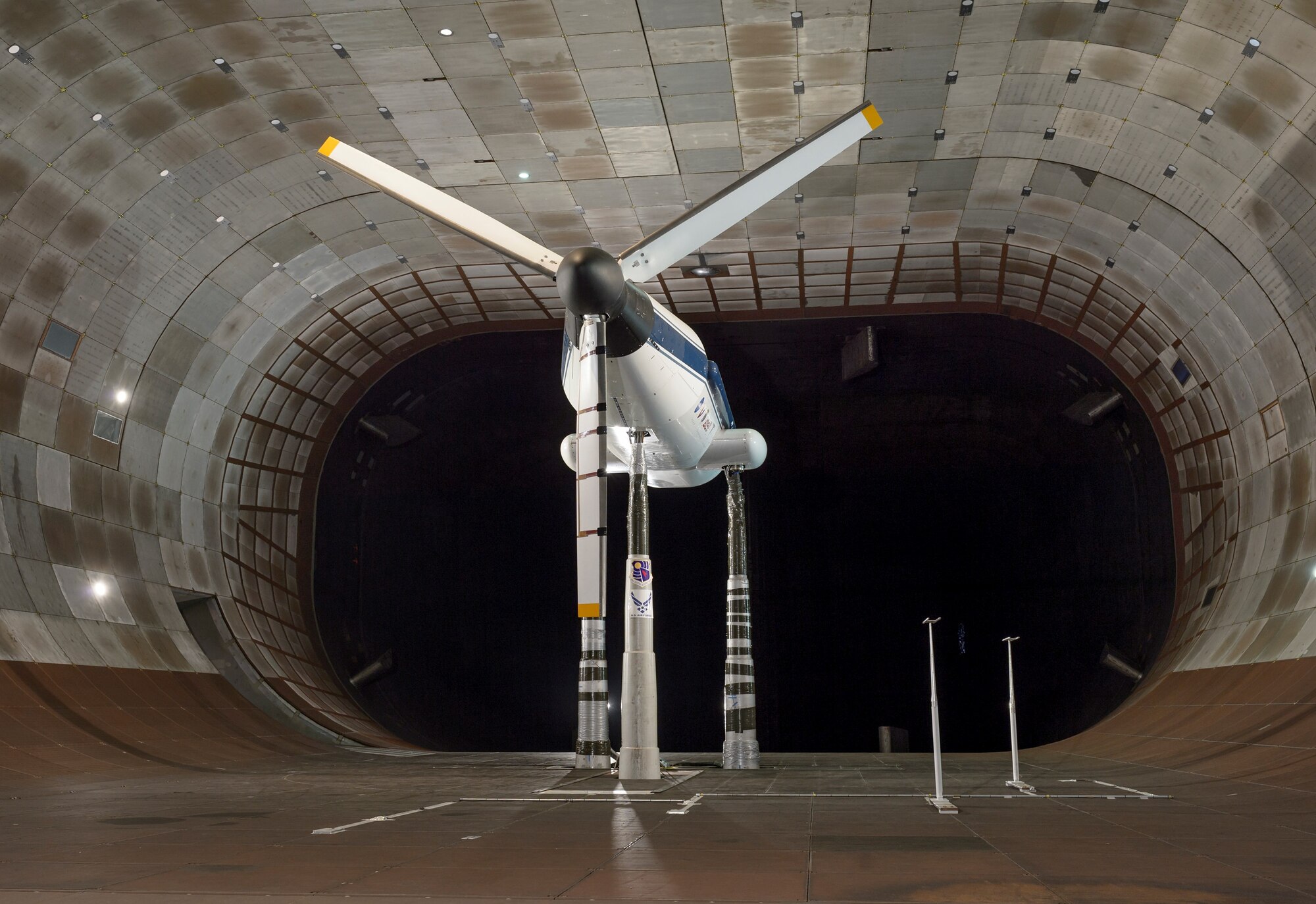 Tiltrotor Test Rig with rotor blades in the 40 by 80-foot Wind Tunnel at Ames Research Center. (Courtesy photo)