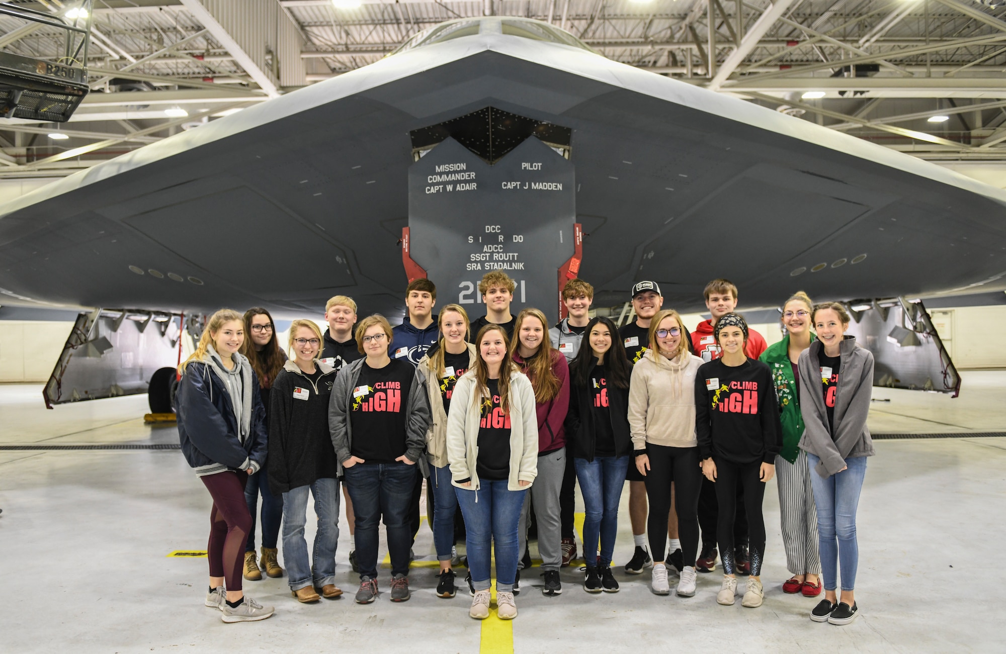 Warrensburg High School students who are part of the 2020 Community Leadership and Involvement Means a Better Community High (CLIMB High) program stand for a photo during a tour at Whiteman Air Force Base, Mo., Jan. 29, 2020. The program began in 2007, since successfully graduating approximately 250. (U.S. Air Force photo by Staff Sgt. Sadie Colbert)