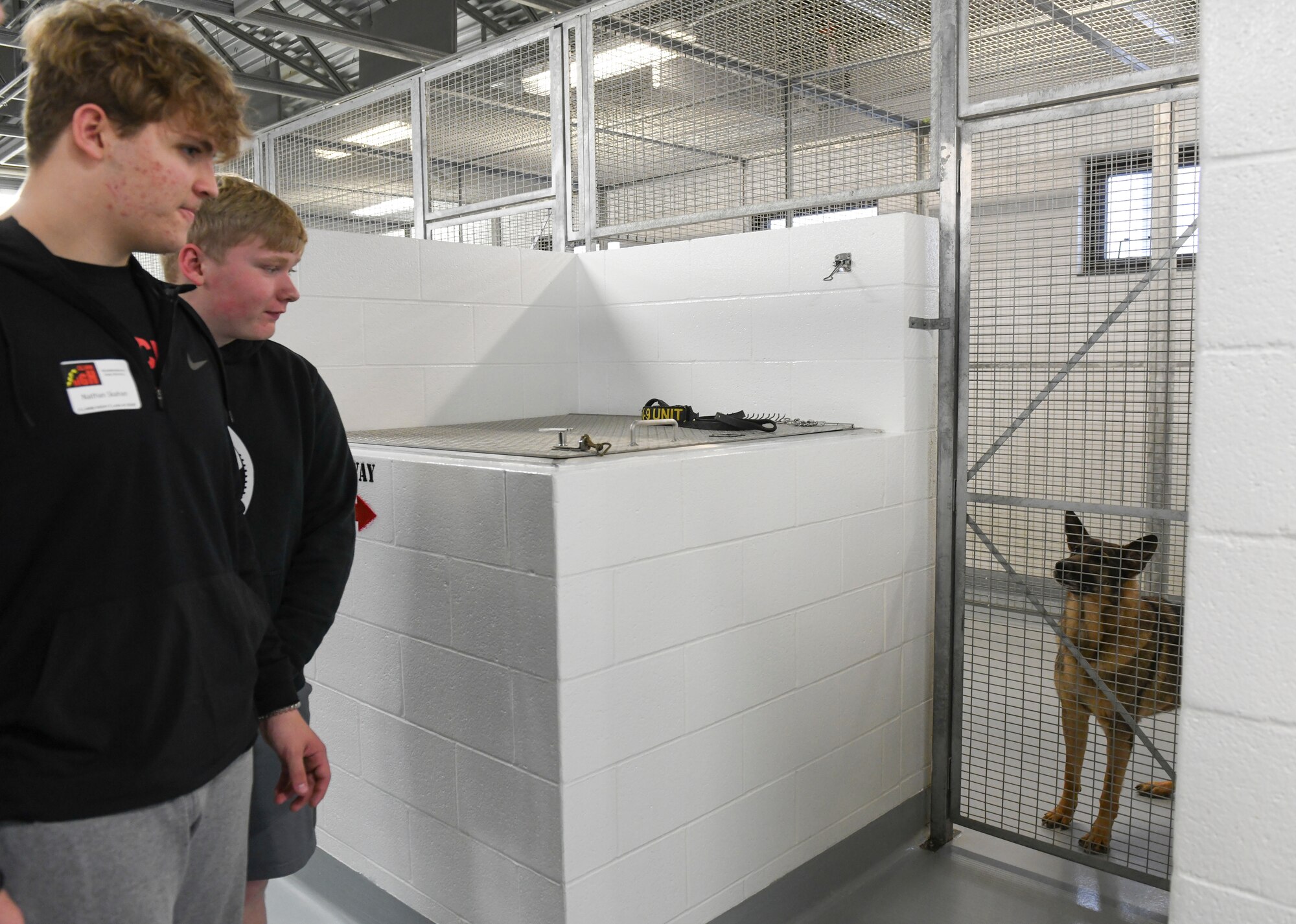 Members of Warrensburg High School students look at a 509th Security Forces Squadron military working dog, Stiffler, during a 2020 Community Leadership and Involvement Means a Better Community High School (CLIMB High) tour at Whiteman Air Force Base, Jan. 29, 2020. CLIMB High is a youth leadership program in Johnson County, Mo., for students interested in developing leadership skills and learning more about their communities. (U.S. Air Force photo by Staff Sgt. Sadie Colbert)