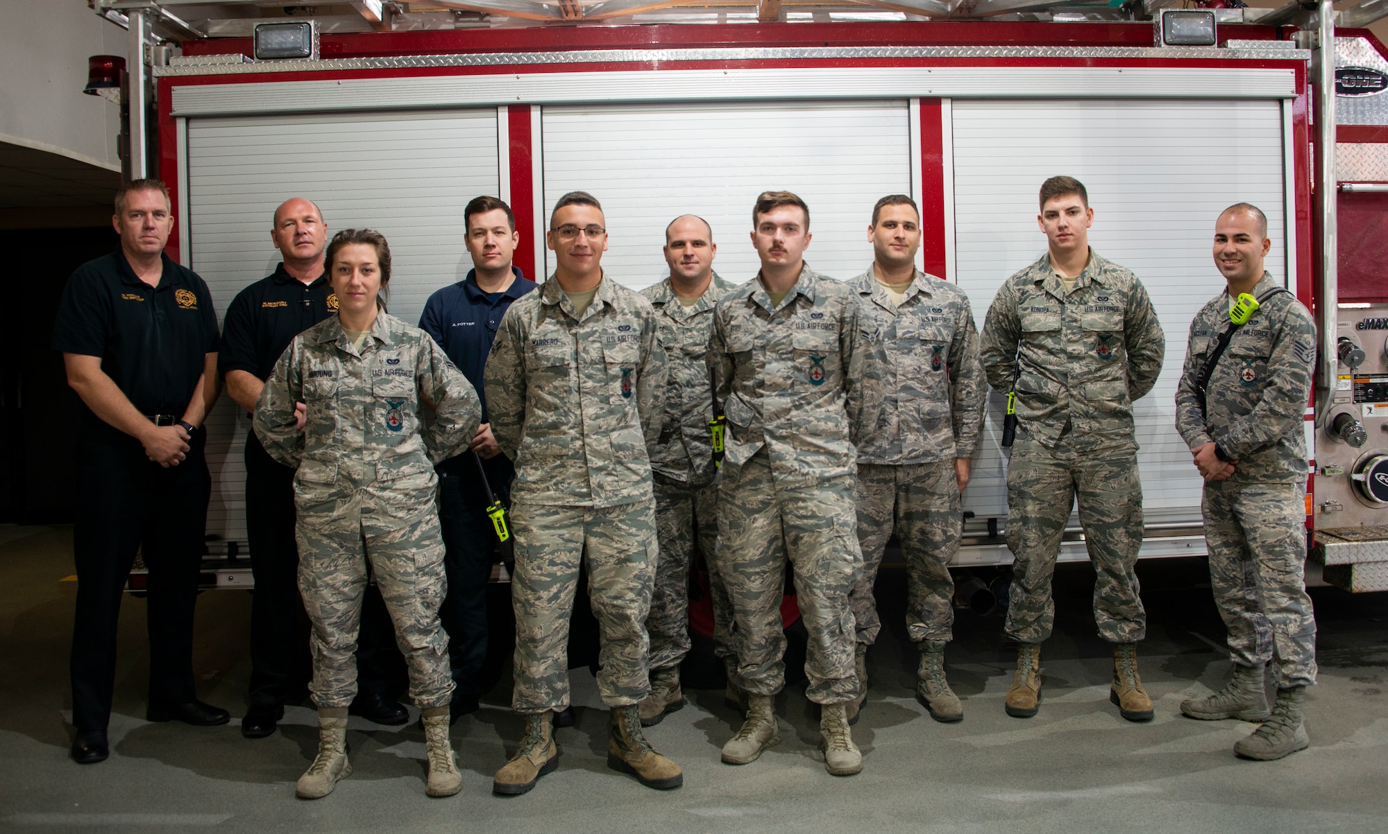 Airmen from the 325th Civil Engineering Squadron pose for a group photo at Tyndall Air Force Base, Florida, Jan. 31, 2020. Tyndall's fire prevention element's hard work and dedication has led to the 325th CES being named the 2019 Air Combat Command Fire Prevention Program of the Year. (U.S. Air Force photo by 2nd Lt. Kayla Fitzgerald)