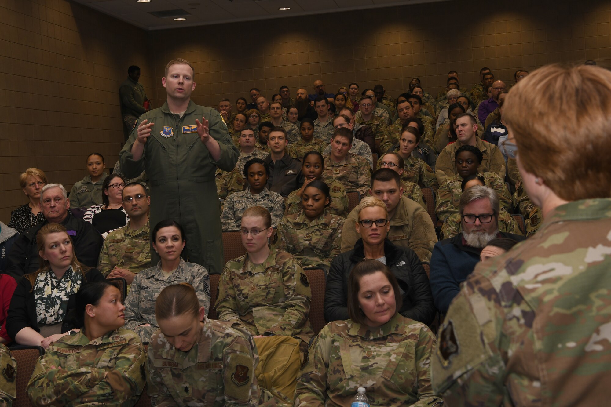 Lt. Gen. Dorothy Hogg, the Air Force surgeon general, is asked a question by a medic with the 28th Medical Group, at Ellsworth Air Force Base, S.D., Jan. 30, 2019. Her visit was focused on understanding the critical role the 28th MDG has in U.S. combat airpower operations. (U.S. Air Force photo by Senior Airman Nicolas Z. Erwin)