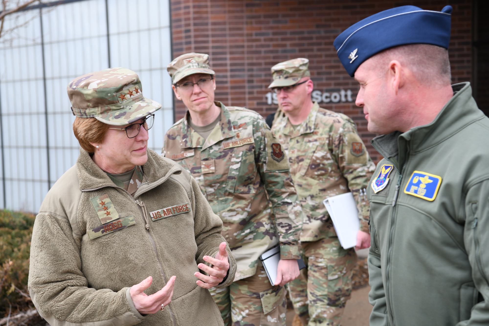 Lt. Gen. Dorothy Hogg, the Air Force surgeon general, speaks with Col. David Doss, 28th Bomb Wing commander, at Ellsworth Air Force Base, S.D., Jan. 30, 2020. During her visit, she visited the base medical facilities, toured a B-1B Lancer and simulator and, most importantly, met with Airmen. (U.S. Air Force photo by Senior Airman Nicolas Z. Erwin)